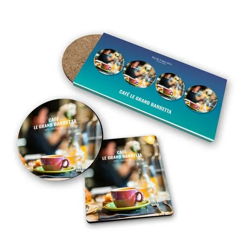 SET DE 4 SOUS-VERRE CARRES COINS ARRONDIS 95 x 95 mm - BOIS FIBRE DURE 3 mm - SOUS ETUI QUADRI 380g SATIMAT PELLICULAGE BRILLANT