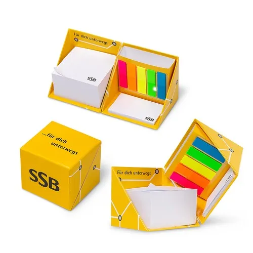 Boîte rigide cube avec blocs-notes adhésifs et marque-pages