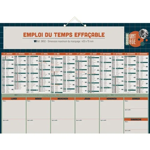 EMPLOI DU TEMPS EFFACABLE