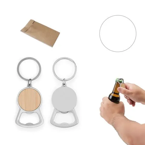 Porte-clés décapsuleur rond bambou et zinc personnalisable
