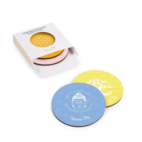 Lot de 4 Sous-Verres Ronds en Bois Personnalisables avec Boîte