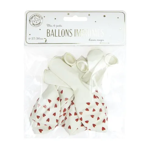 BALLONS DE BAUDRUCHE BLANCS ET COEURS ROUGES X 6