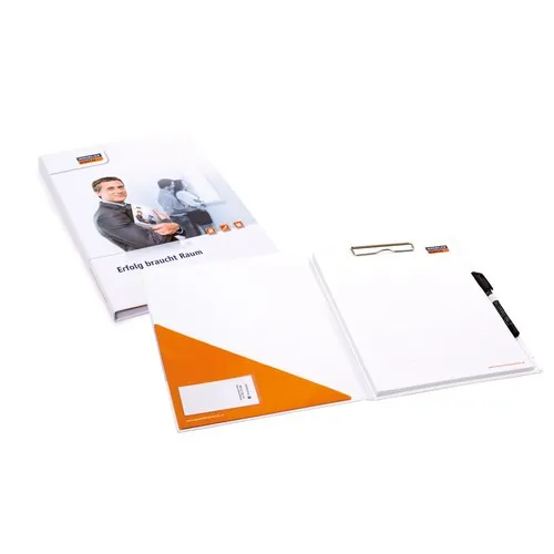 Bloc-notes A4 en couverture rigide avec porte-stylo, pince et pochette