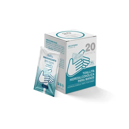 BOÎTE AVEC 20 SACHETS AVEC LINGETTE HIDOALCOOLIQUE