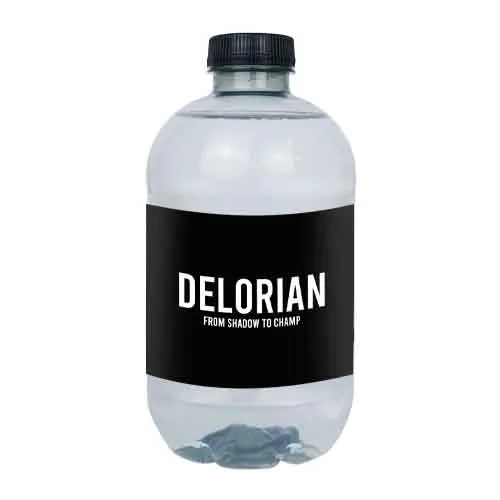 Bouteille d'eau personnalisée en PET recyclé 25cl ou 50cl. Bouchon noir. Étiquette papier, 1 couleur