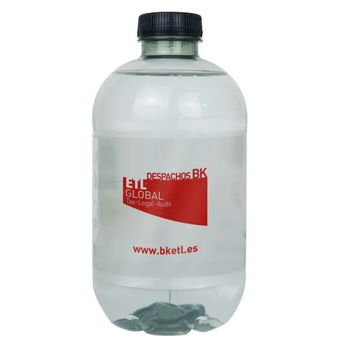 Bouteille d'eau personnalisée en PET recyclé 25cl ou 50cl. Bouchon noir. Étiquette plastique