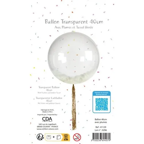 BUBBLE ballon 40 cm avec plumes blanches tassel 45 cm foil OR