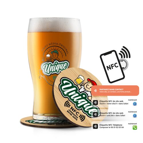 Sous-verre bois NFC personnalisable - Technologie interactive