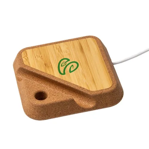 Chargeur sans fil 10W bambou et liège avec support smartphone