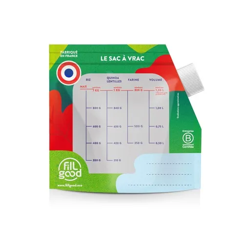 Sac à vrac doseur réutilisable avec bouchon verseur et zip personnalisable