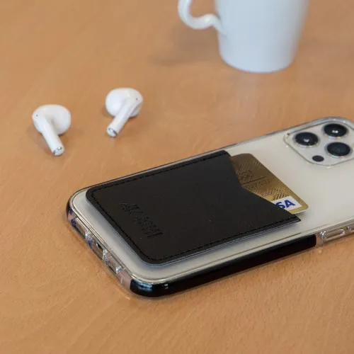 PORTE-CARTE POUR SMARTPHONE AVEC ADHESIF 3M EN SIMILI-CUIR NOIR GRAINE - MADE IN EUROPE
