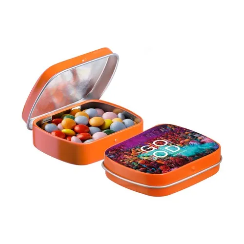 Mini boîte à charnière orange personnalisée avec bonbons