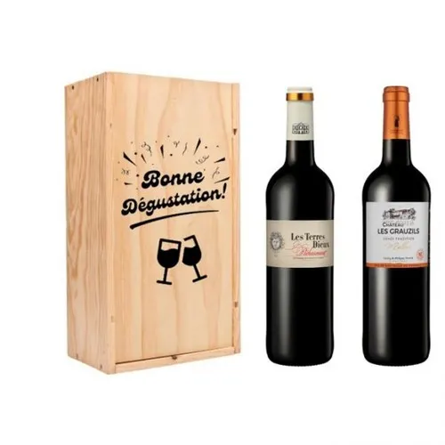 Caisse bois de 2 bouteilles 1 Pecharmant rouge et 1 Cahors rouge