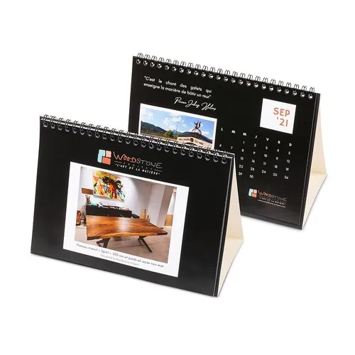 Calendrier de bureau sur support en carton pliable – Impression personnalisée, reliure spirale