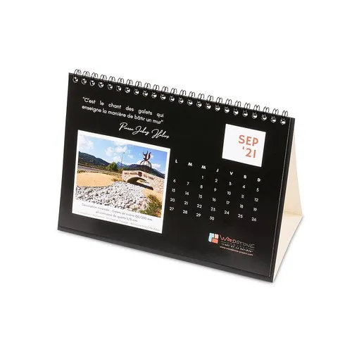 Calendrier de bureau sur support en carton pliable – Impression personnalisée, reliure spirale