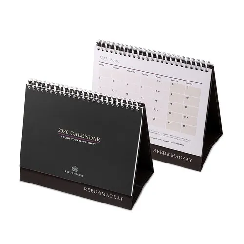 Calendrier de bureau sur support rigide pliable – Reliure spirale avec impression personnalisée