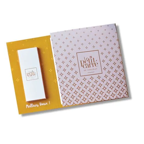 Carte de vœux personnalisée avec 2 carrés 4g chocolat noir 71% Bio* bague personnalisée