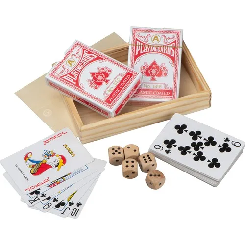 Cartes de jeu dans boîte en bois avec dé BRIAN