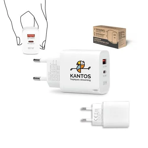 Chargeur Secteur Rapide 30W Double Sortie USB-A & USB-C Personnalisable