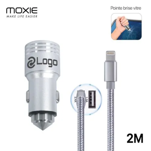 Chargeur Allume Cigare 2 USB 2.4A avec câble Lightning 2M, MOXIE