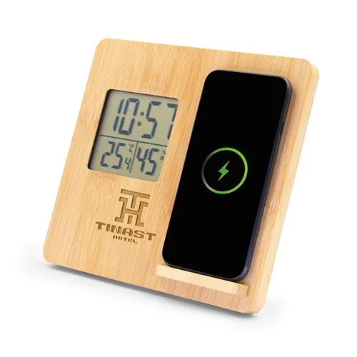 Chargeur sans fil en bambou 10W, station météo | Kahele