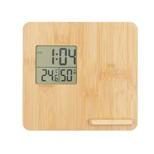 Chargeur sans fil en bambou 10W, station météo | Kahele