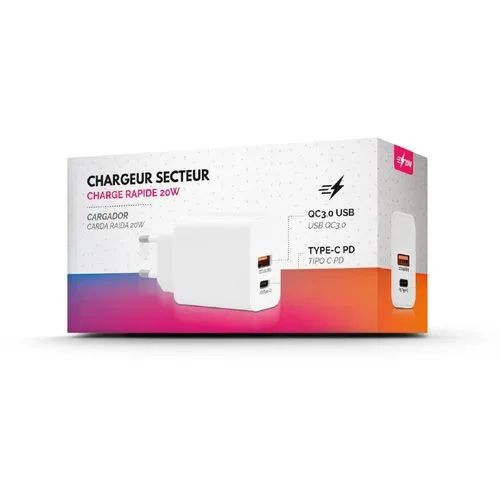 CHARGEUR SECTEUR RAPIDE 20 W SORTIES USB QC3.0 & TYPE-C PD