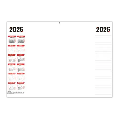 PLANNING SIMPLE 2026 - XXL 700X500 MM LEGER 400G - RECTO SEUL - SANS MARQUAGE