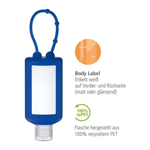 Désinfectant pour les mains, Bumper de 50 ml, bleu, Body Label  (R-PET)
