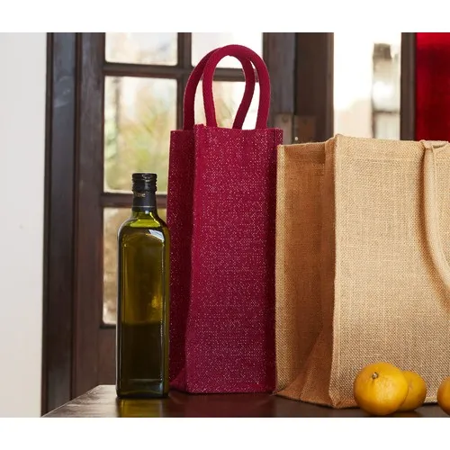 Sac à Bouteille en Jute Scintillant Personnalisable - Détails Dorés