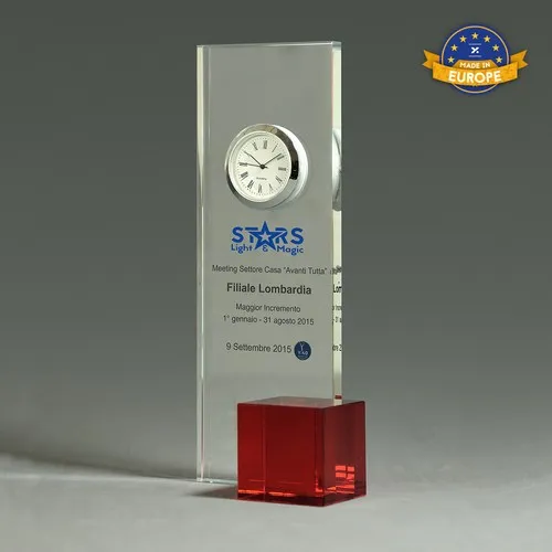 Trophée cristal avec horloge personnalisable - Cube coloré