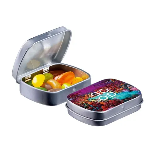 Mini boîte argentée à charnière avec bonbons personnalisable