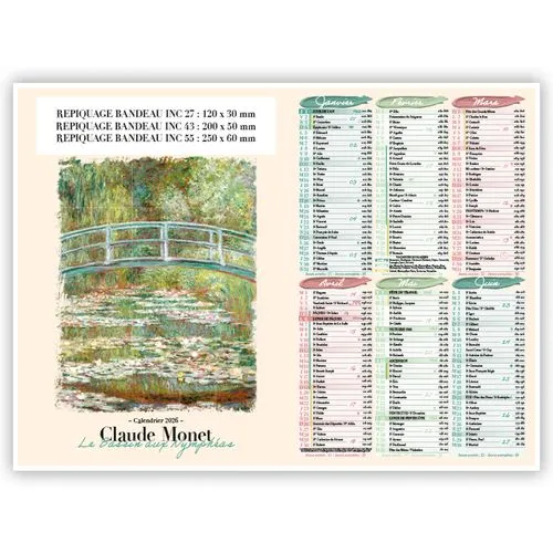 Calendrier Bancaire Claude Monet 2026 Personnalisable - 3 Formats