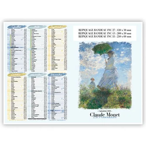 Calendrier Bancaire Claude Monet 2026 Personnalisable - 3 Formats