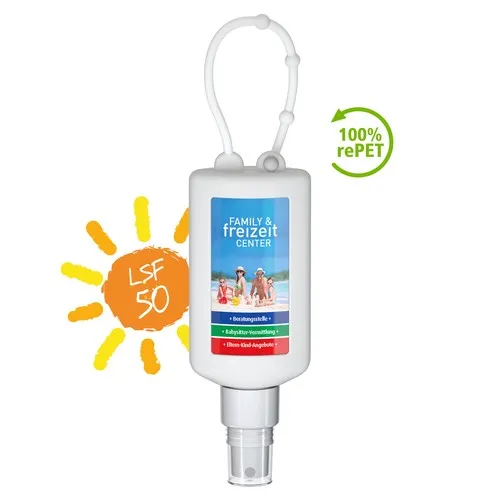Spray Solaire SPF 50 Personnalisable 50ml avec Mousqueton