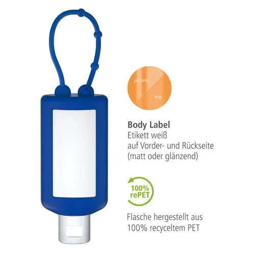 Gel de nettoyage des mains, Bumper de 50 ml, bleu, Body Label  (R-PET)
