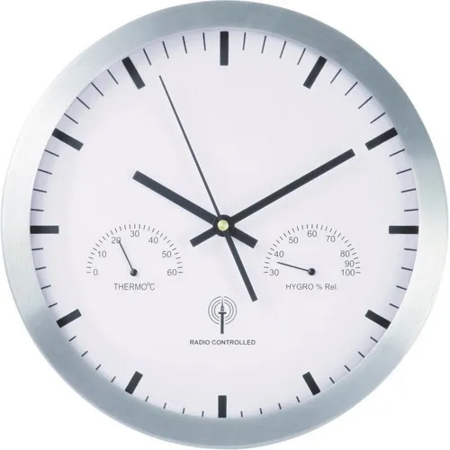 Grande horloge murale de 30 cm en aluminium avec réglage automatique de l´heure, thermomètre et hygromètre