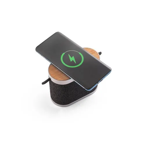 GUETTA. Enceinte portable de 5 W avec chargeur sans fil ultra-rapide de 15 W et autonomie de 2 h en bambou et PET recyclé (100 % rPET)