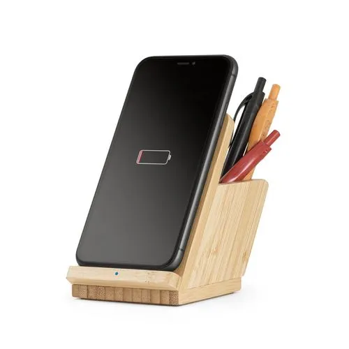 LEAVITT. Porte-smartphone et porte-stylos avec chargeur sans fil rapide 10W en bambou