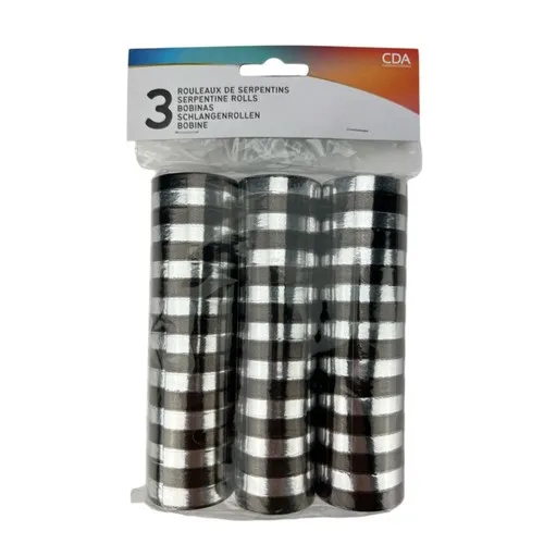 Lot de 3 rouleaux de serpentins* ARGENT/NOIR