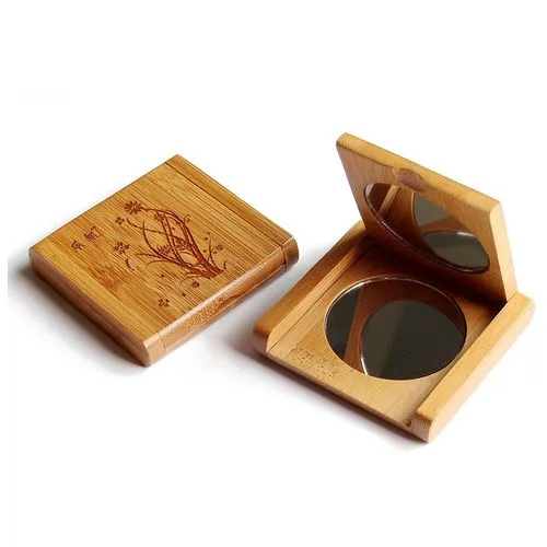Miroir de poche en bambou 7,5x7,5 cm, contient un miroir normal et un autre agrandissant