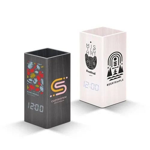 PENDULETTE AVEC POT A CRAYONS ET THERMOMETRE, HORLOGE DE BUREAU