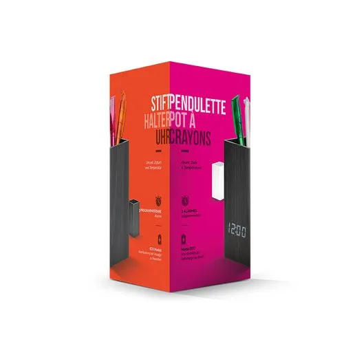 PENDULETTE AVEC POT A CRAYONS ET THERMOMETRE, HORLOGE DE BUREAU