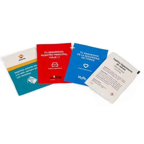 SACHET AVEC LINGETTE DE SOLUTION HYDRO ALCOOLIQUE