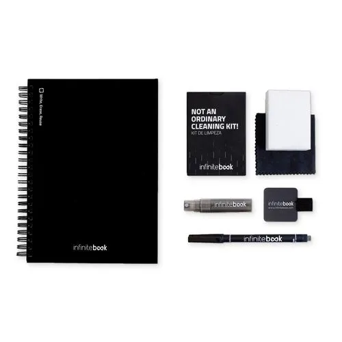 STARTER KIT INFINITEBOOK A5. Le set comprend un "Infinitebook", un kit de nettoyage, un marqueur et un porte-marqueur