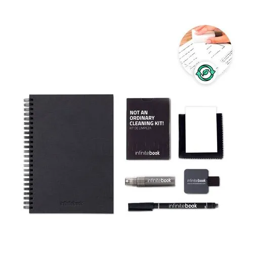 STARTER KIT INFINITEBOOK A5 PLANNER TEXTURE. Kit comprenant un « Infinitebook » à couverture rigide, 1 kit de nettoyage, 1 marqueur et 1 porte-stylo à bille