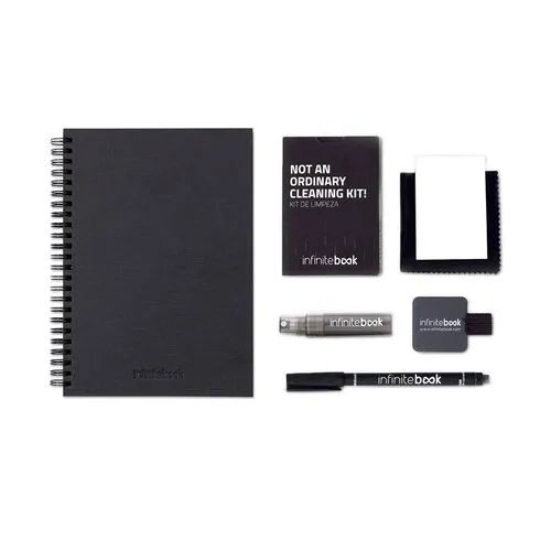 STARTER KIT INFINITEBOOK A5 PLANNER TEXTURE. Kit comprenant un « Infinitebook » à couverture rigide, 1 kit de nettoyage, 1 marqueur et 1 porte-stylo à bille