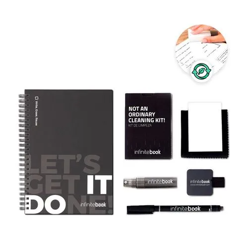 STARTER KIT INFINITEBOOK. Kit « Infinitebook » à couverture rigide, 1 kit de nettoyage, 1 marqueur et 1 porte-stylo à bille